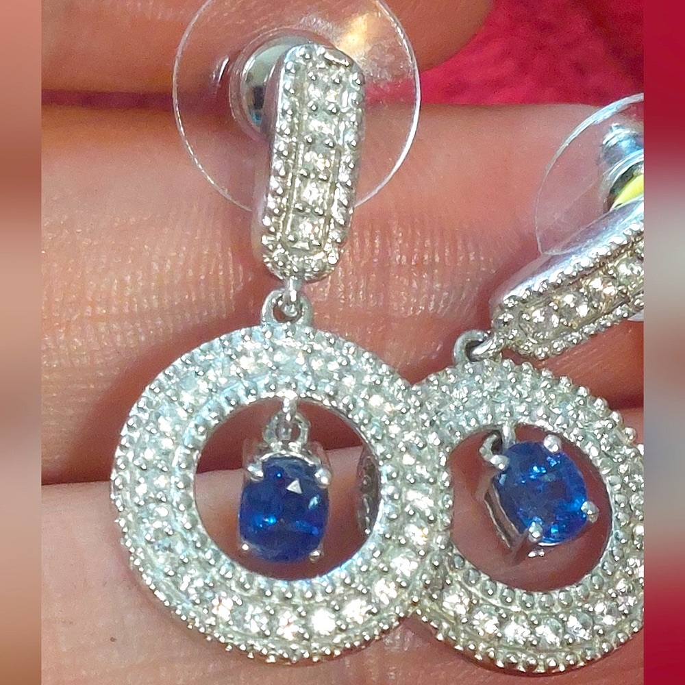 Platinum plated sterling silver white and blue sapphire earrings